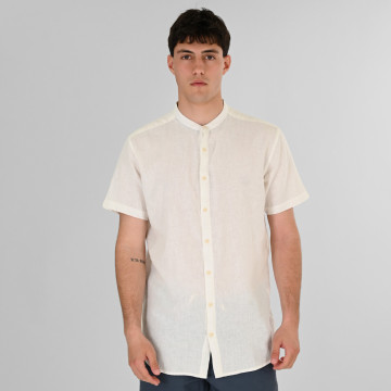 REBASE® Men’s Linen Blend Shirts with Mao Collar and Short Sleeves Linen White (261RGS-5177)