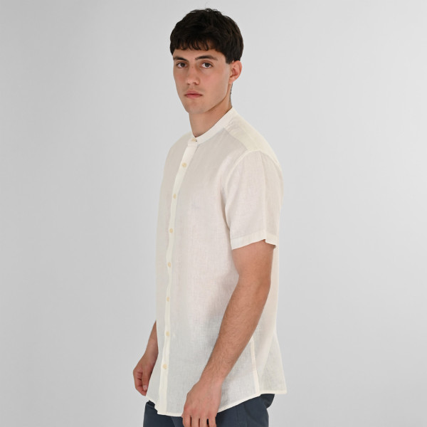 REBASE® Men’s Linen Blend Shirts with Mao Collar and Short Sleeves Linen White (261RGS-5177)