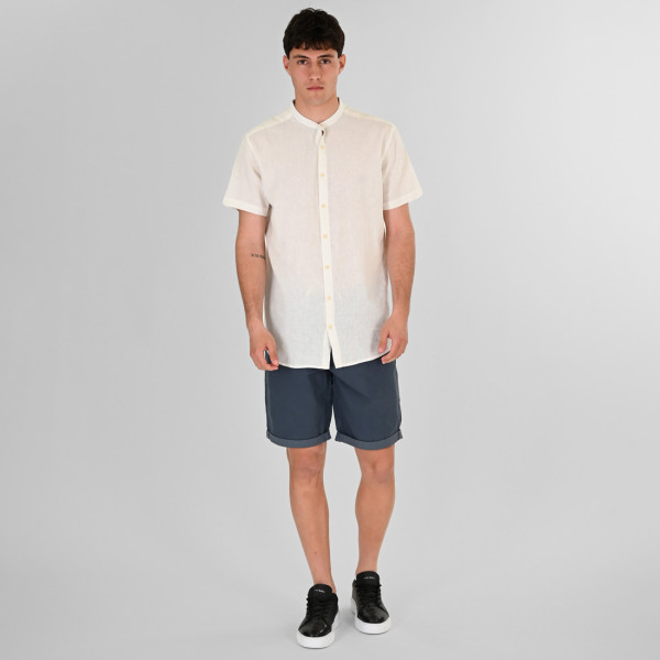 REBASE® Men’s Linen Blend Shirts with Mao Collar and Short Sleeves Linen White (261RGS-5177)