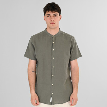 REBASE® Men’s Linen Blend Shirts with Mao Collar and Short Sleeves Linen Olive (261RGS-5177)