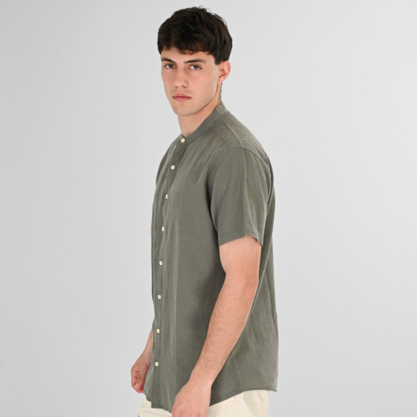 REBASE® Men’s Linen Blend Shirts with Mao Collar and Short Sleeves Linen Olive (261RGS-5177)