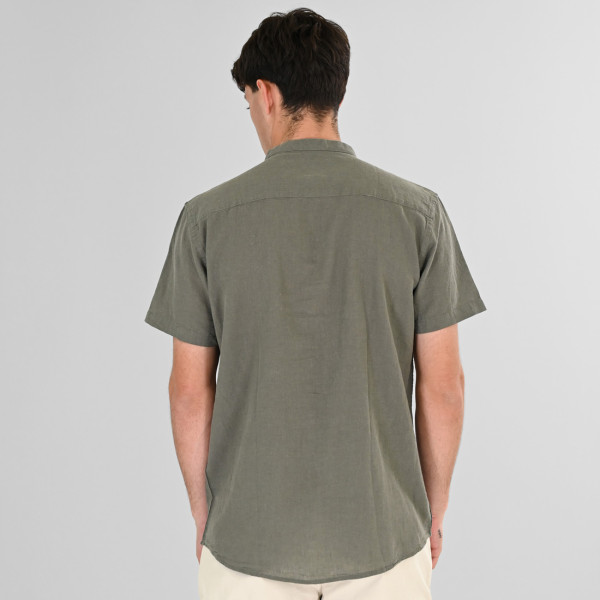 REBASE® Men’s Linen Blend Shirts with Mao Collar and Short Sleeves Linen Olive (261RGS-5177)