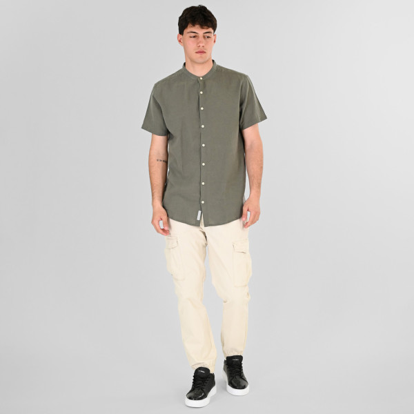 REBASE® Men’s Linen Blend Shirts with Mao Collar and Short Sleeves Linen Olive (261RGS-5177)