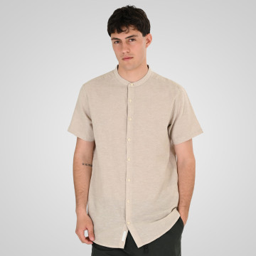 REBASE® Men’s Linen Blend Shirts with Mao Collar and Short Sleeves Beige (261RGS-5177)