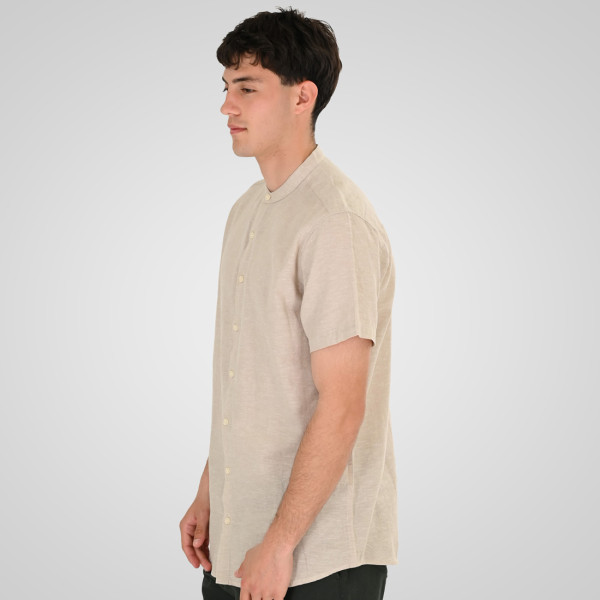 REBASE® Men’s Linen Blend Shirts with Mao Collar and Short Sleeves Beige (261RGS-5177)