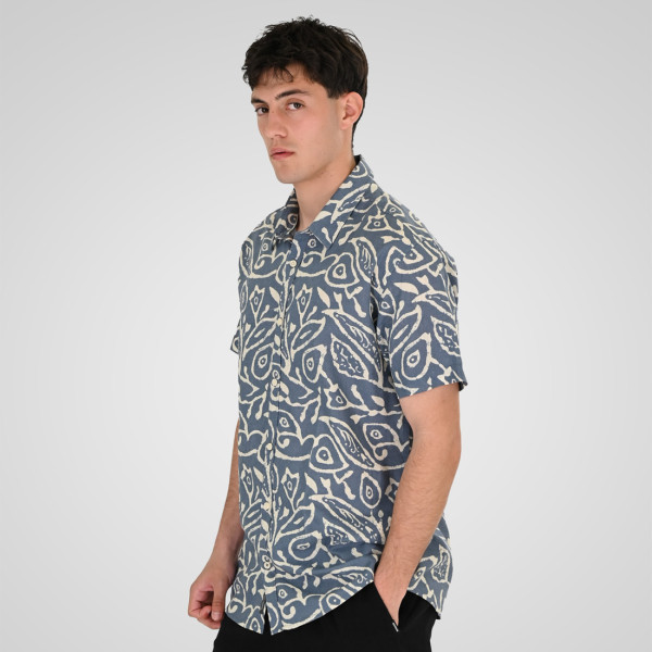 REBASE® Shirt Linen Blend with Short Sleeves and Floral Print Stone Blue (261RGS-5147)