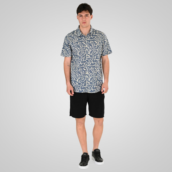 REBASE® Shirt Linen Blend with Short Sleeves and Floral Print Stone Blue (261RGS-5147)