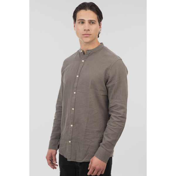 REBASE® Men’s Shirt Linen Blend With Mao Collar And Long Sleeves Olive (251RGS-5057)