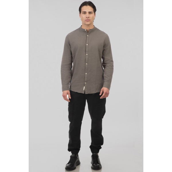 REBASE® Men’s Shirt Linen Blend With Mao Collar And Long Sleeves Olive (251RGS-5057)
