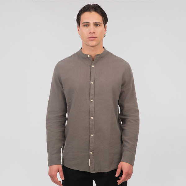 REBASE® Men’s Shirt Linen Blend With Mao Collar And Long Sleeves Olive (251RGS-5057)