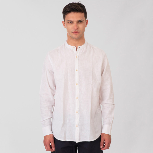 REBASE® Men’s Shirt Linen Blend With Mao Collar And Long Sleeves Linen White (251RGS-5057)