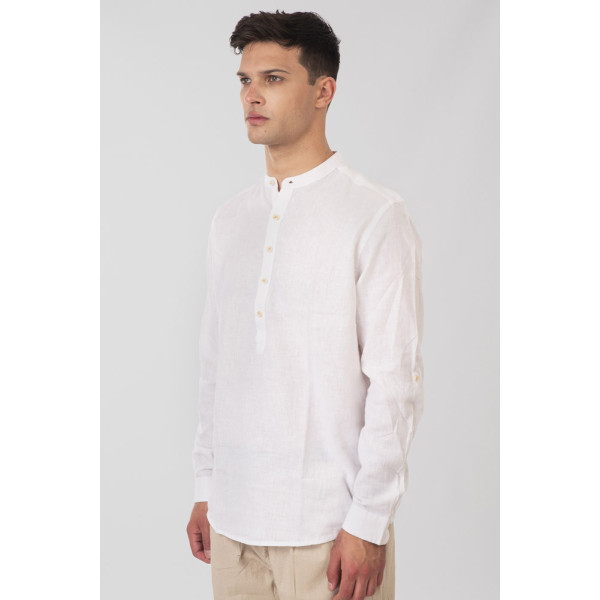 REBASE® Men’s Shirt Linen Blend With Long Sleeves Mao Collar And Half Button Placket Linen White (251RGS-5059)