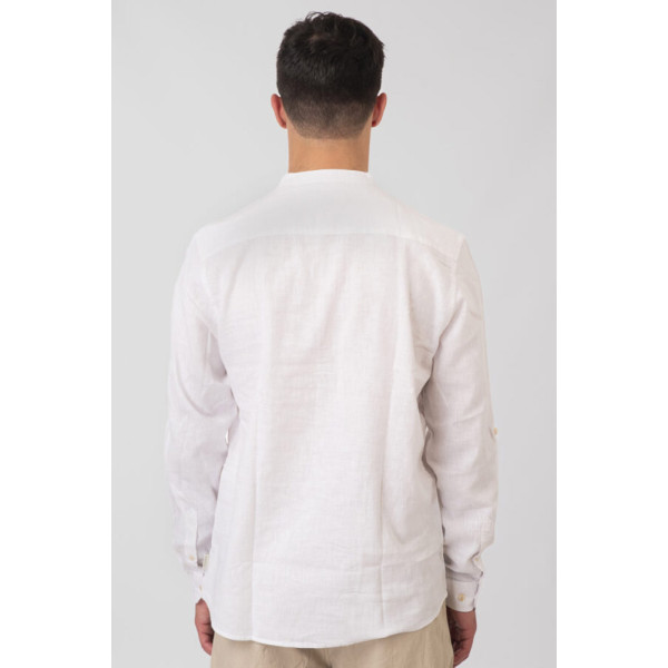 REBASE® Men’s Shirt Linen Blend With Long Sleeves Mao Collar And Half Button Placket Linen White (251RGS-5059)