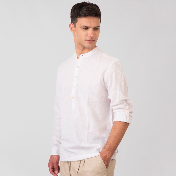 REBASE® Men’s Shirt Linen Blend With Long Sleeves Mao Collar And Half Button Placket Linen White (251RGS-5059)