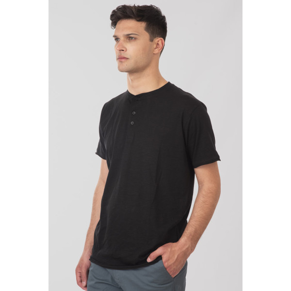 REBASE® Men’s T-Shirt Henley with Raw Edges at Sleeves and Hem Black (251RTS-9033)